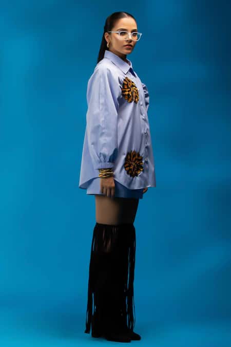 Angsa By Nidhir & Shelly_Blue Cotton, Viscose Embroidery Collared Stripe Raglan Sleeve Shirt _Online_at_Aza_Fashions