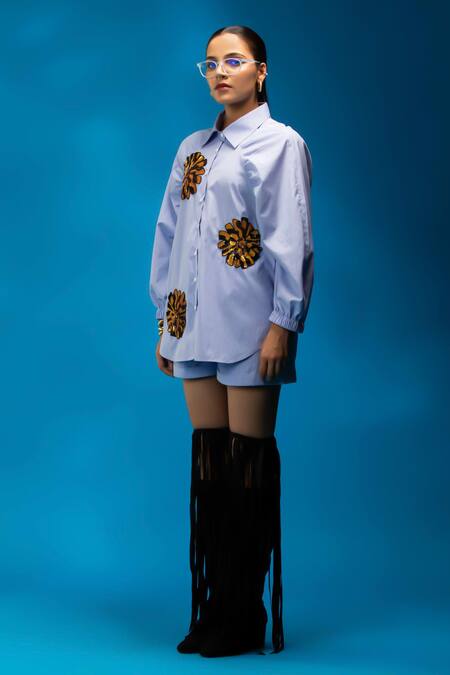 Buy_Angsa By Nidhir & Shelly_Blue Cotton, Viscose Embroidery Collared Stripe Raglan Sleeve Shirt _Online_at_Aza_Fashions