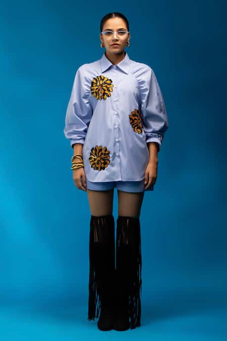 Shop_Angsa By Nidhir & Shelly_Blue Cotton, Viscose Embroidery Collared Stripe Raglan Sleeve Shirt _Online_at_Aza_Fashions