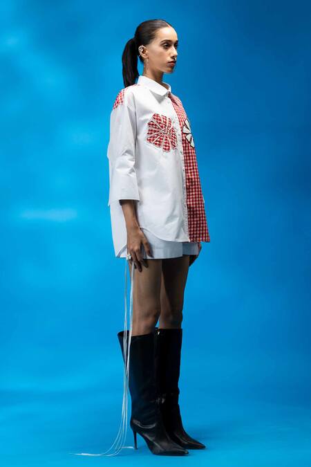 Angsa By Nidhir & Shelly_White Cotton Embroidery Collared Half-and-half Checkered Shirt _Online_at_Aza_Fashions