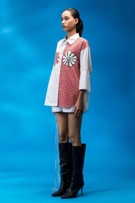 Buy_Angsa By Nidhir & Shelly_White Cotton Embroidery Collared Half-and-half Checkered Shirt _Online_at_Aza_Fashions