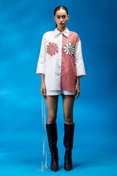 Shop_Angsa By Nidhir & Shelly_White Cotton Embroidery Collared Half-and-half Checkered Shirt _Online_at_Aza_Fashions