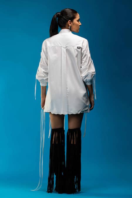 Angsa By Nidhir & Shelly White Cotton Drawstring Shirt With Floral Applique 