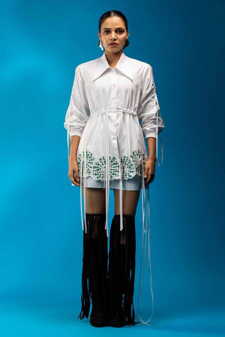 Buy_Angsa By Nidhir & Shelly_White Cotton Applique Collared Drawstring Shirt With Floral _Online_at_Aza_Fashions