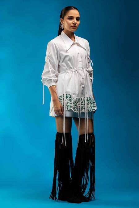 Shop_Angsa By Nidhir & Shelly_White Cotton Applique Collared Drawstring Shirt With Floral _Online_at_Aza_Fashions