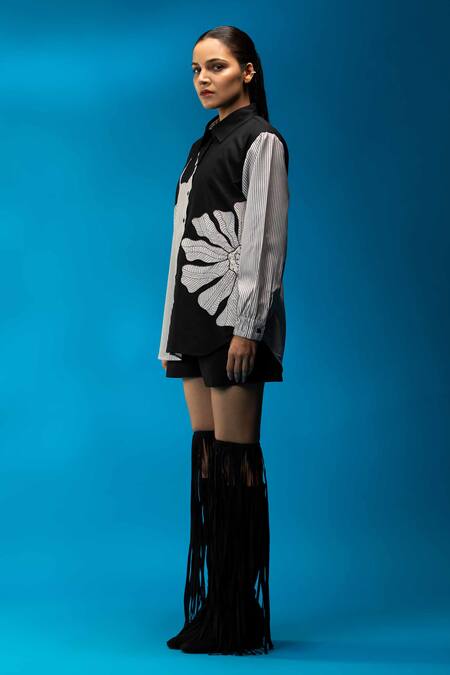 Buy Angsa By Nidhir & Shelly Black Cotton, Viscose Embroidery, Applique Collared And White Floral Shirt Online at Aza Fashions Buy_Angsa By Nidhir & Shelly_Black Cotton, Viscose Embroidery, Applique Collared And White Floral Shirt _Online_at_Aza_Fashions