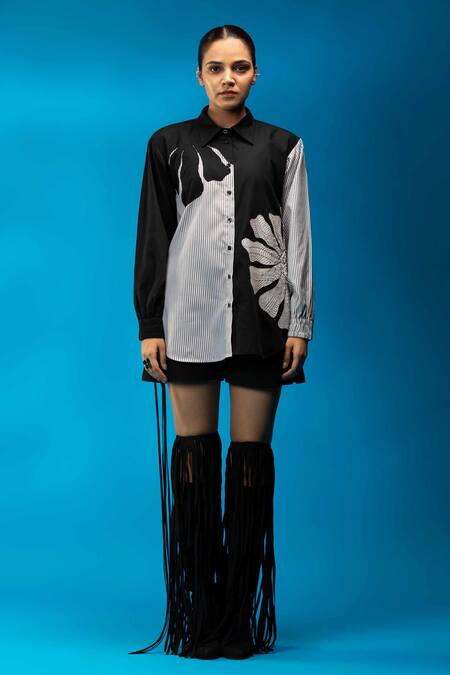 Shop Angsa By Nidhir & Shelly Black Cotton, Viscose Embroidery, Applique Collared And White Floral Shirt Online at Aza Fashions Shop_Angsa By Nidhir & Shelly_Black Cotton, Viscose Embroidery, Applique Collared And White Floral Shirt _Online_at_Aza_Fashions