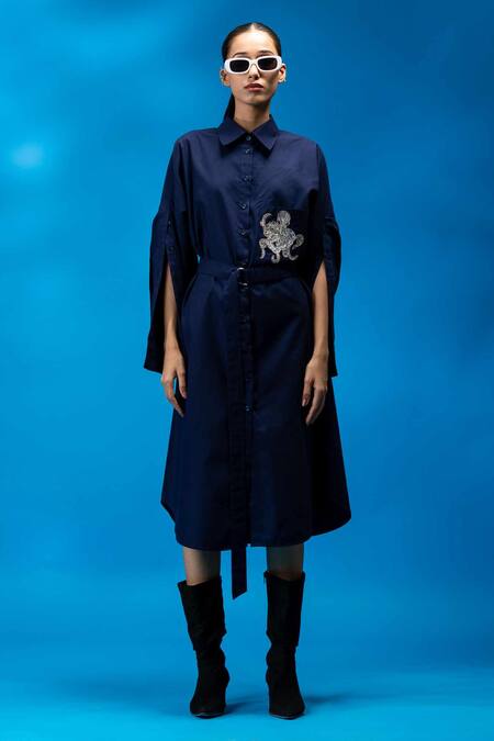 Angsa By Nidhir & Shelly_Navy Cotton Embroidery Collared Blue Hand Midi Dress _Online_at_Aza_Fashions