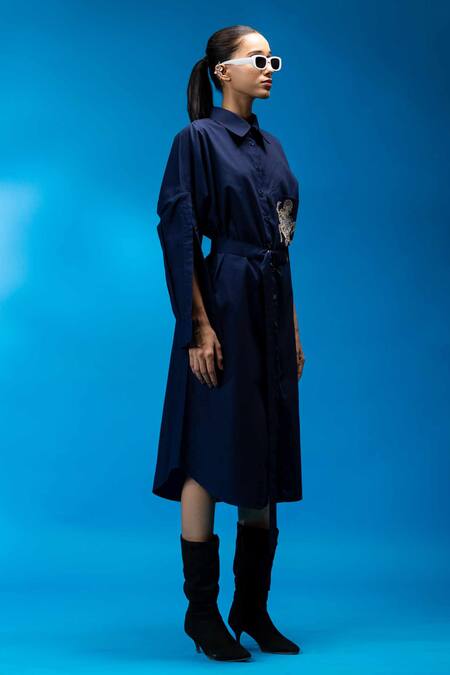 Buy_Angsa By Nidhir & Shelly_Navy Cotton Embroidery Collared Blue Hand Midi Dress _Online_at_Aza_Fashions