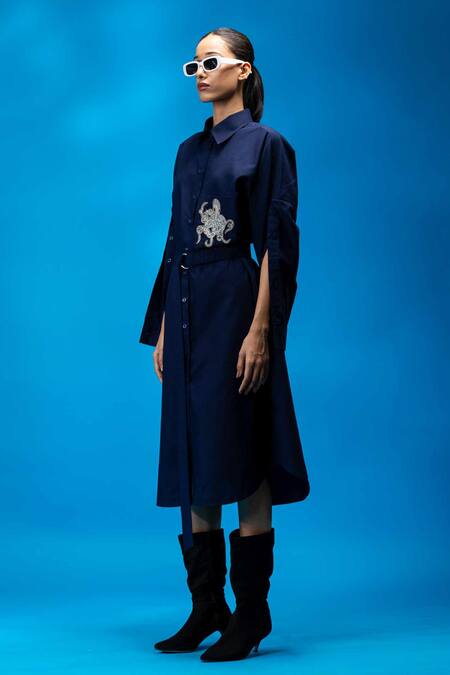 Shop_Angsa By Nidhir & Shelly_Navy Cotton Embroidery Collared Blue Hand Midi Dress _Online_at_Aza_Fashions