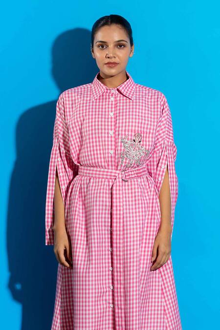 Angsa By Nidhir & Shelly_Pink Cotton, Viscose Embroidery Collared Check Midi Dress With _Online_at_Aza_Fashions