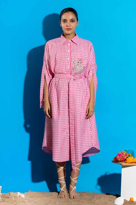 Buy_Angsa By Nidhir & Shelly_Pink Cotton, Viscose Embroidery Collared Check Midi Dress With _Online_at_Aza_Fashions