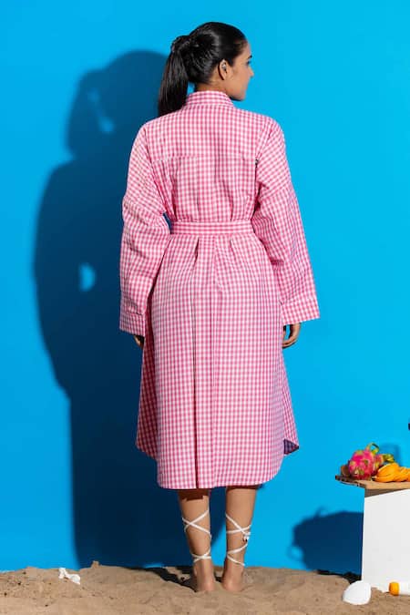 Angsa By Nidhir & Shelly Pink Check Midi Dress With Embroidery 