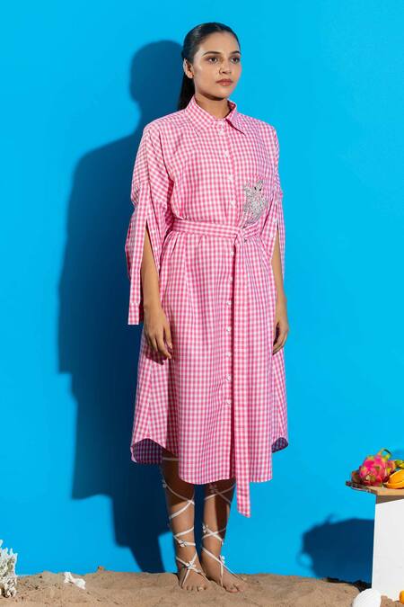 Shop_Angsa By Nidhir & Shelly_Pink Cotton, Viscose Embroidery Collared Check Midi Dress With _Online_at_Aza_Fashions