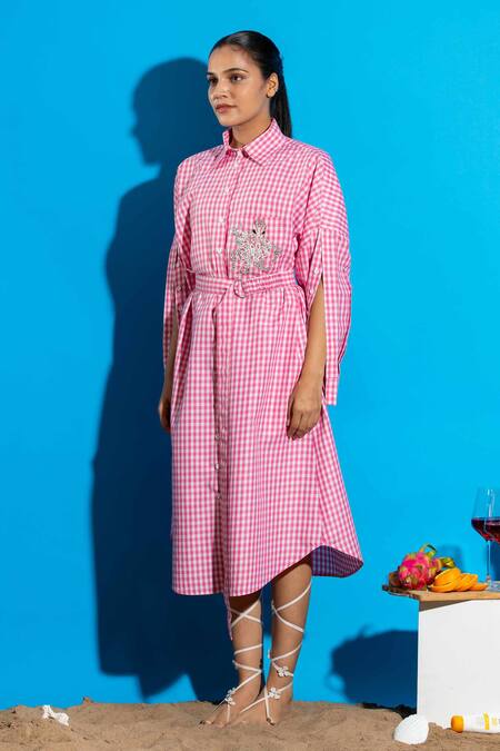 Angsa By Nidhir & Shelly_Pink Cotton, Viscose Embroidery Collared Check Midi Dress With _at_Aza_Fashions