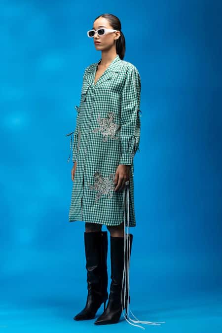 Angsa By Nidhir & Shelly Green Cotton, Viscose Embroidery Collared Check Shirt Dress With Online at Aza Fashions Angsa By Nidhir & Shelly_Green Cotton, Viscose Embroidery Collared Check Shirt Dress With _Online_at_Aza_Fashions