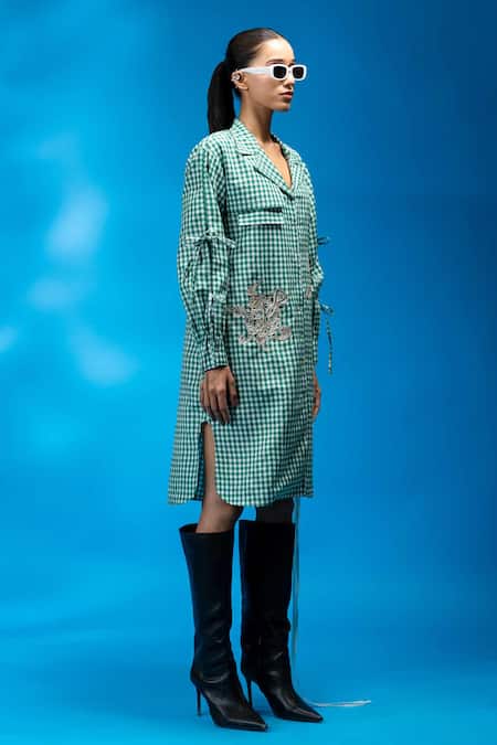 Buy Angsa By Nidhir & Shelly Green Cotton, Viscose Embroidery Collared Check Shirt Dress With Online at Aza Fashions Buy_Angsa By Nidhir & Shelly_Green Cotton, Viscose Embroidery Collared Check Shirt Dress With _Online_at_Aza_Fashions