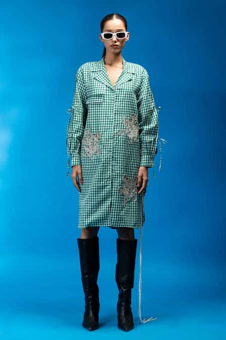 Shop Angsa By Nidhir & Shelly Green Cotton, Viscose Embroidery Collared Check Shirt Dress With Online at Aza Fashions Shop_Angsa By Nidhir & Shelly_Green Cotton, Viscose Embroidery Collared Check Shirt Dress With _Online_at_Aza_Fashions