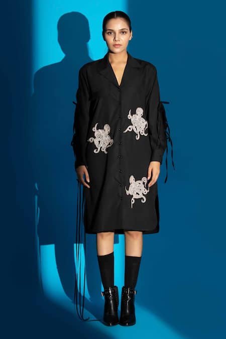 Angsa By Nidhir & Shelly_Black Cotton Embroidery Collared Hand Shirt Dress _Online_at_Aza_Fashions