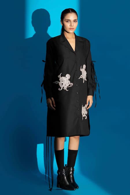 Buy_Angsa By Nidhir & Shelly_Black Cotton Embroidery Collared Hand Shirt Dress _Online_at_Aza_Fashions