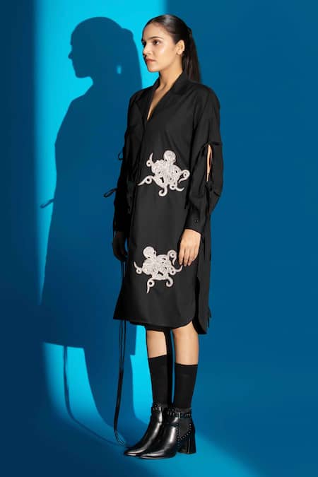 Shop_Angsa By Nidhir & Shelly_Black Cotton Embroidery Collared Hand Shirt Dress _Online_at_Aza_Fashions