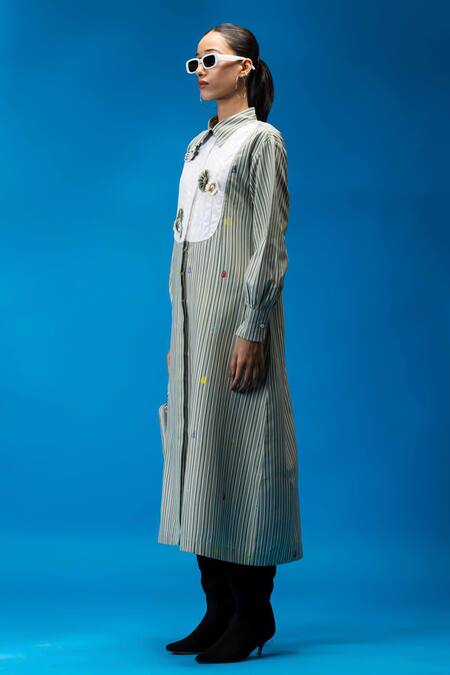 Angsa By Nidhir & Shelly Green Cotton Embroidery Collared Striped Midi Dress With Floral Bib Online at Aza Fashions Angsa By Nidhir & Shelly_Green Cotton Embroidery Collared Striped Midi Dress With Floral Bib _Online_at_Aza_Fashions