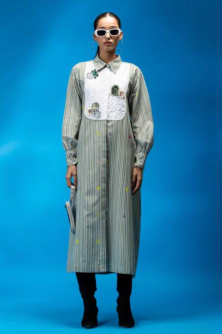 Buy Angsa By Nidhir & Shelly Green Cotton Embroidery Collared Striped Midi Dress With Floral Bib Online at Aza Fashions Buy_Angsa By Nidhir & Shelly_Green Cotton Embroidery Collared Striped Midi Dress With Floral Bib _Online_at_Aza_Fashions