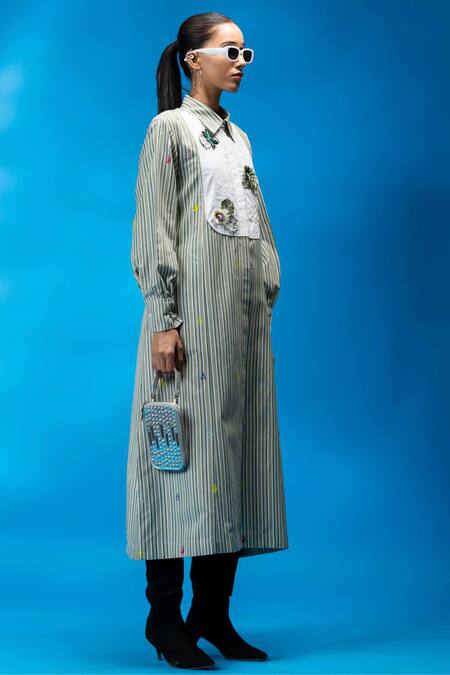 Shop Angsa By Nidhir & Shelly Green Cotton Embroidery Collared Striped Midi Dress With Floral Bib Online at Aza Fashions Shop_Angsa By Nidhir & Shelly_Green Cotton Embroidery Collared Striped Midi Dress With Floral Bib _Online_at_Aza_Fashions