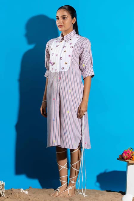 Angsa By Nidhir & Shelly Pink Cotton Embroidery Collared Striped Midi Shirt Dress With Online at Aza Fashions Angsa By Nidhir & Shelly_Pink Cotton Embroidery Collared Striped Midi Shirt Dress With _Online_at_Aza_Fashions