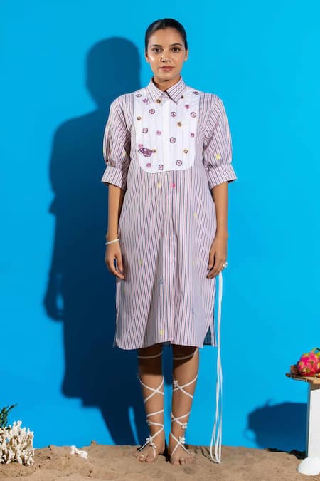 Buy Angsa By Nidhir & Shelly Pink Cotton Embroidery Collared Striped Midi Shirt Dress With Online at Aza Fashions Buy_Angsa By Nidhir & Shelly_Pink Cotton Embroidery Collared Striped Midi Shirt Dress With _Online_at_Aza_Fashions