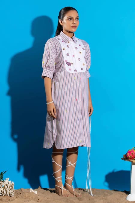 Shop Angsa By Nidhir & Shelly Pink Cotton Embroidery Collared Striped Midi Shirt Dress With Online at Aza Fashions Shop_Angsa By Nidhir & Shelly_Pink Cotton Embroidery Collared Striped Midi Shirt Dress With _Online_at_Aza_Fashions