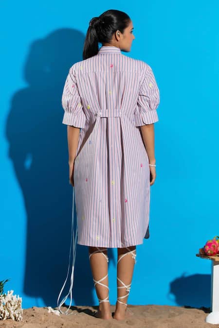 Angsa By Nidhir & Shelly Striped Midi Shirt Dress With Embroidery 