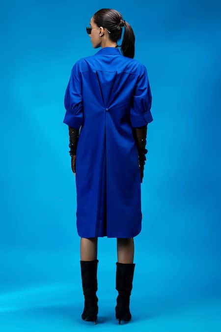 Angsa By Nidhir & Shelly Royal Blue Hand Embroidered Shirt Dress 