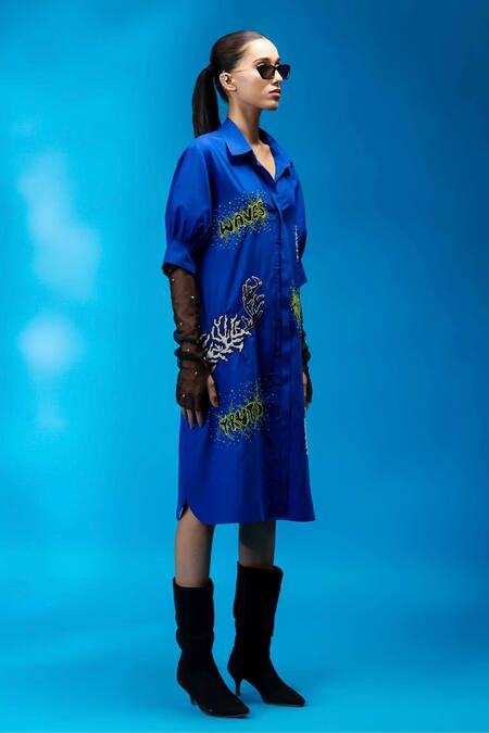 Shop Angsa By Nidhir & Shelly Blue Cotton Metallic Thread Collared Royal Hand Embroidered Shirt Dress Online at Aza Fashions Shop_Angsa By Nidhir & Shelly_Blue Cotton Metallic Thread Collared Royal Hand Embroidered Shirt Dress _Online_at_Aza_Fashions