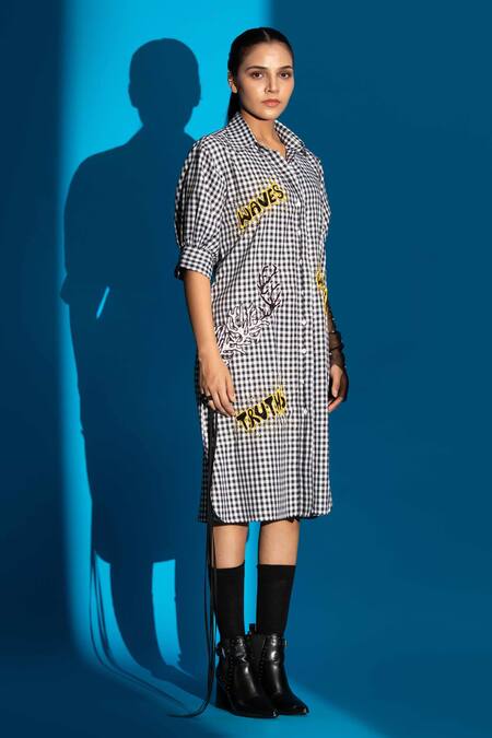 Angsa By Nidhir & Shelly Black Cotton Mirrors, Embroidery Collared Hand Shirt Dress Online at Aza Fashions Angsa By Nidhir & Shelly_Black Cotton Mirrors, Embroidery Collared Hand Shirt Dress _Online_at_Aza_Fashions