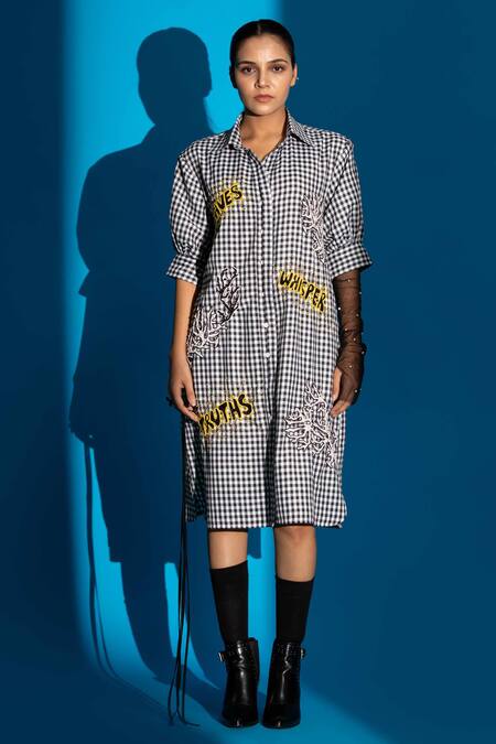 Shop Angsa By Nidhir & Shelly Black Cotton Mirrors, Embroidery Collared Hand Shirt Dress Online at Aza Fashions Shop_Angsa By Nidhir & Shelly_Black Cotton Mirrors, Embroidery Collared Hand Shirt Dress _Online_at_Aza_Fashions
