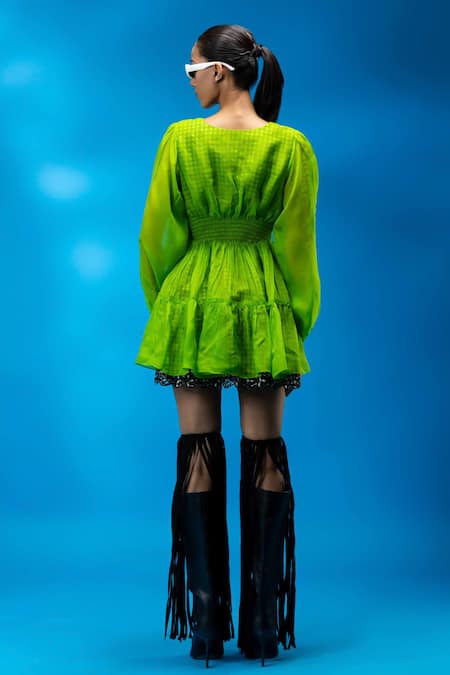 Angsa By Nidhir & Shelly Neon Green Puff Sleeve Dress 