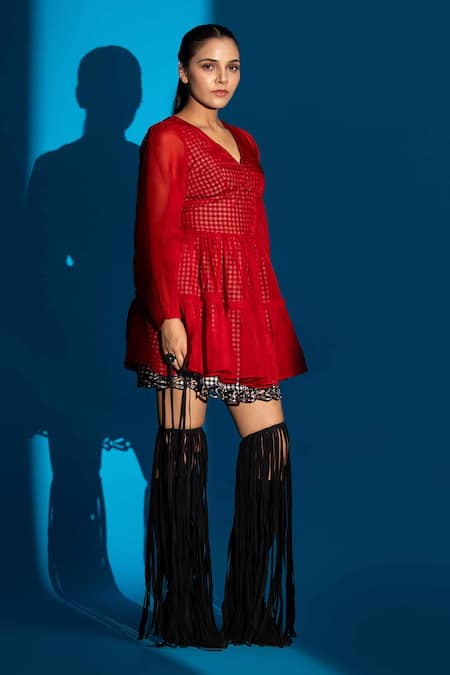 Angsa By Nidhir & Shelly_Red Cotton, Viscose Embroidery V-neck Puff Sleeve Dress _Online_at_Aza_Fashions