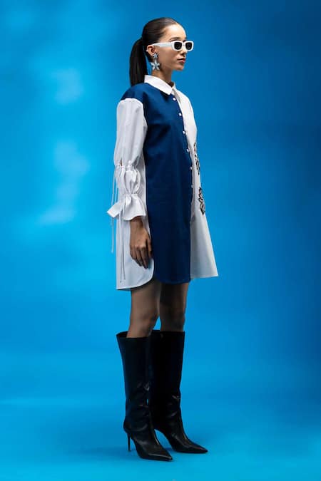 Angsa By Nidhir & Shelly White Cotton, Denim Embroidery Collared Two-tone Floral Shirt Dress Online at Aza Fashions Angsa By Nidhir & Shelly_White Cotton, Denim Embroidery Collared Two-tone Floral Shirt Dress _Online_at_Aza_Fashions