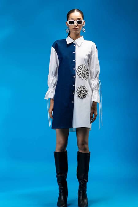 Buy Angsa By Nidhir & Shelly White Cotton, Denim Embroidery Collared Two-tone Floral Shirt Dress Online at Aza Fashions Buy_Angsa By Nidhir & Shelly_White Cotton, Denim Embroidery Collared Two-tone Floral Shirt Dress _Online_at_Aza_Fashions