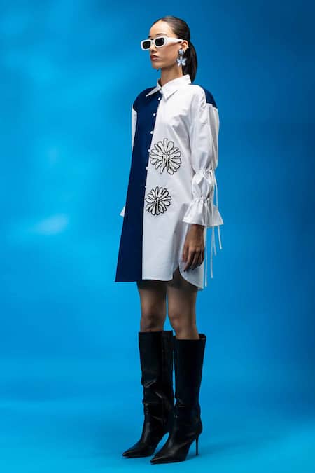 Shop Angsa By Nidhir & Shelly White Cotton, Denim Embroidery Collared Two-tone Floral Shirt Dress Online at Aza Fashions Shop_Angsa By Nidhir & Shelly_White Cotton, Denim Embroidery Collared Two-tone Floral Shirt Dress _Online_at_Aza_Fashions