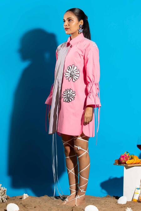Angsa By Nidhir & Shelly Pink Cotton Embroidery Collared Two-tone Relax Fit Shirt Dress Online at Aza Fashions Angsa By Nidhir & Shelly_Pink Cotton Embroidery Collared Two-tone Relax Fit Shirt Dress _Online_at_Aza_Fashions