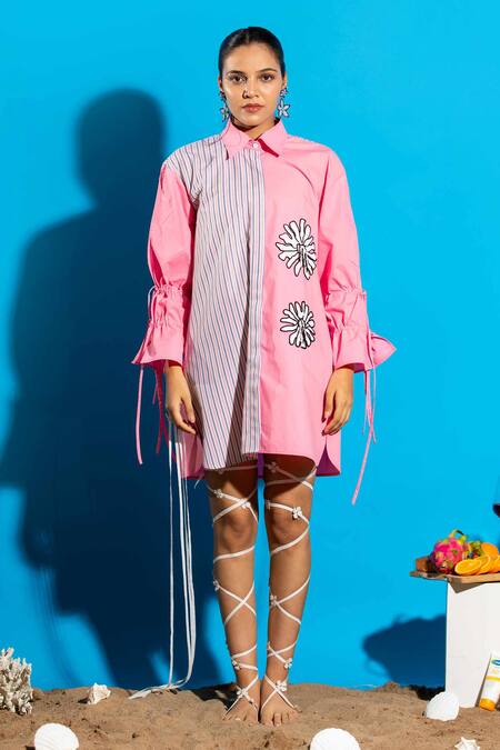 Shop Angsa By Nidhir & Shelly Pink Cotton Embroidery Collared Two-tone Relax Fit Shirt Dress Online at Aza Fashions Shop_Angsa By Nidhir & Shelly_Pink Cotton Embroidery Collared Two-tone Relax Fit Shirt Dress _Online_at_Aza_Fashions