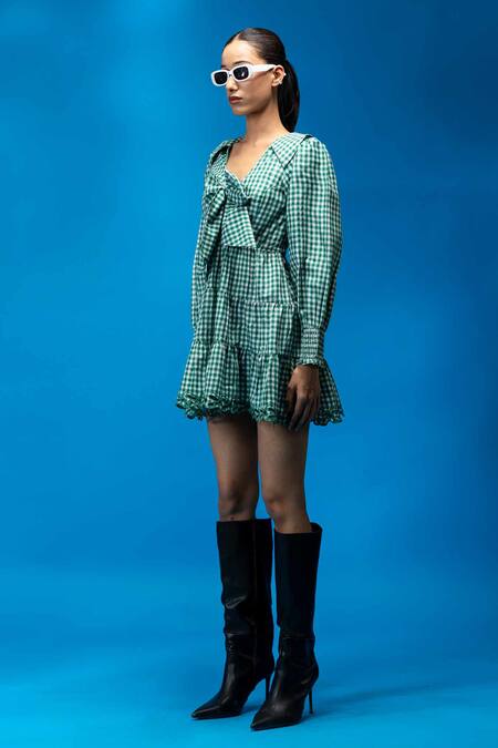 Angsa By Nidhir & Shelly_Green Cotton, Viscose Cut Work Open Neck Check Mini Tied Dress _Online_at_Aza_Fashions