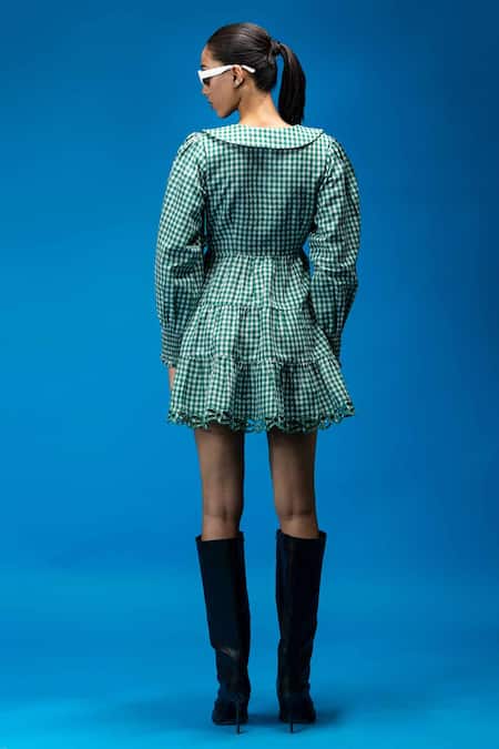 Angsa By Nidhir & Shelly Green Check Mini Tied Dress 