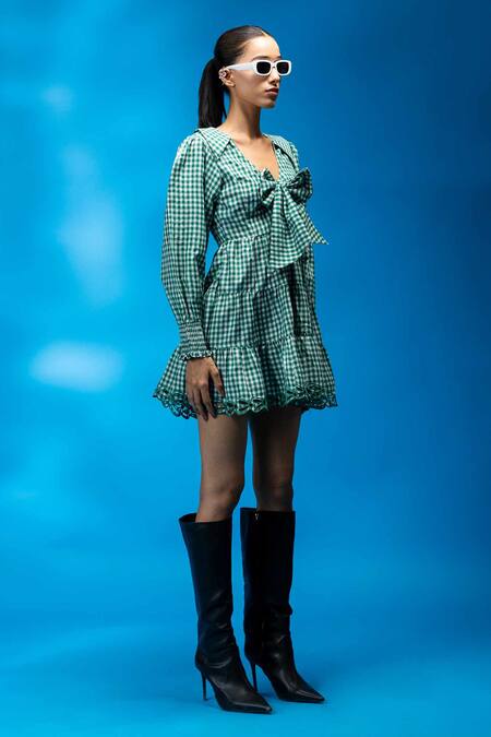 Buy_Angsa By Nidhir & Shelly_Green Cotton, Viscose Cut Work Open Neck Check Mini Tied Dress _Online_at_Aza_Fashions