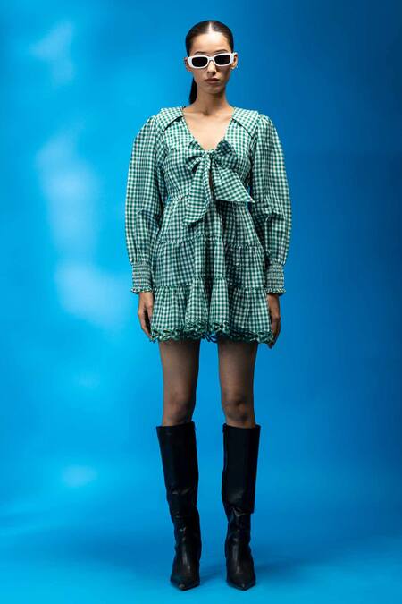 Shop_Angsa By Nidhir & Shelly_Green Cotton, Viscose Cut Work Open Neck Check Mini Tied Dress _Online_at_Aza_Fashions