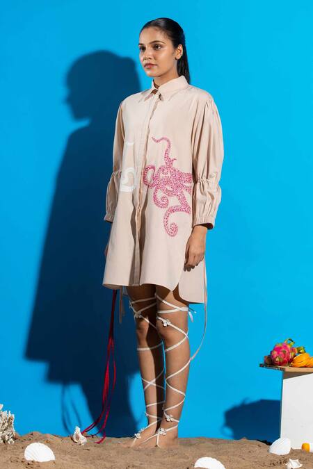Angsa By Nidhir & Shelly Pink Cotton Embroidery Collared Skin Hand Applique Shirt Dress Online at Aza Fashions Angsa By Nidhir & Shelly_Pink Cotton Embroidery Collared Skin Hand Applique Shirt Dress _Online_at_Aza_Fashions
