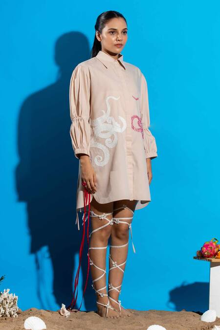 Buy Angsa By Nidhir & Shelly Pink Cotton Embroidery Collared Skin Hand Applique Shirt Dress Online at Aza Fashions Buy_Angsa By Nidhir & Shelly_Pink Cotton Embroidery Collared Skin Hand Applique Shirt Dress _Online_at_Aza_Fashions