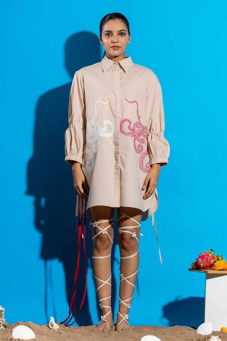 Shop Angsa By Nidhir & Shelly Pink Cotton Embroidery Collared Skin Hand Applique Shirt Dress Online at Aza Fashions Shop_Angsa By Nidhir & Shelly_Pink Cotton Embroidery Collared Skin Hand Applique Shirt Dress _Online_at_Aza_Fashions